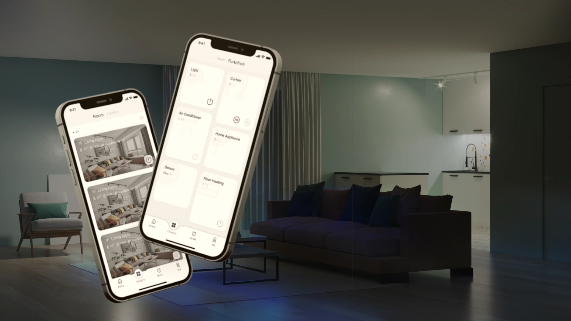 Two smartphones displaying a smart home control app, superimposed over a dimly lit living room